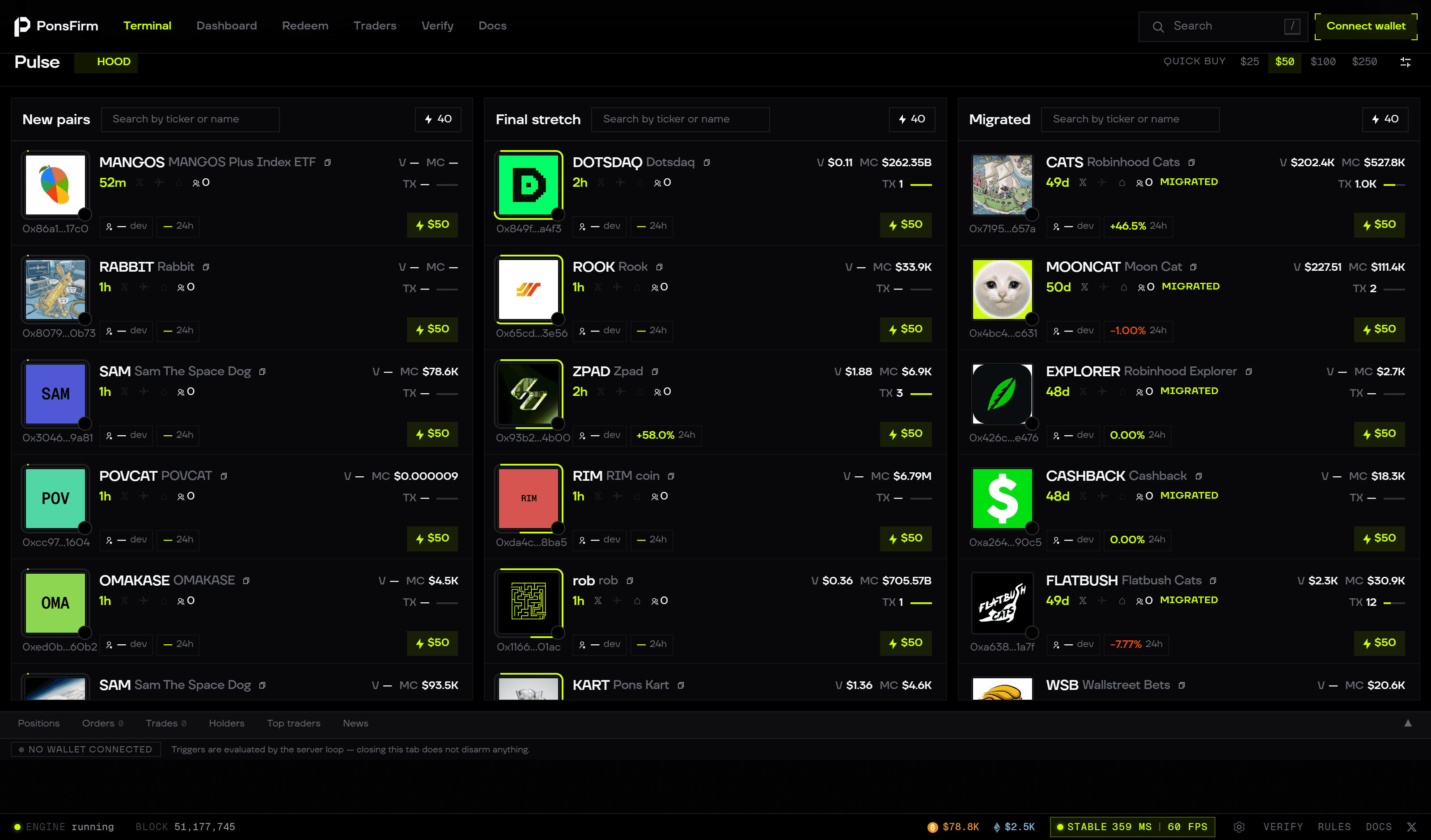The terminal, Pulse view: Bags token lifecycle in three columns, live from the indexer